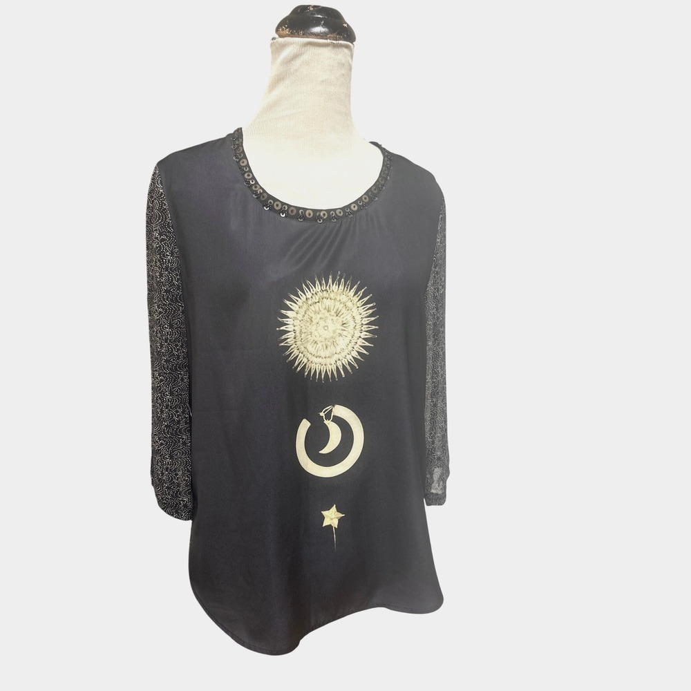 Maison Scotch Black Celestial Sun Moon Embellished Knit Sleeve Top Size 1 (S)